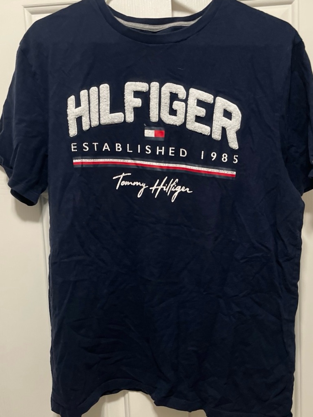 Tommy Hilfiger Navy Short Sleeve 'Hilfiger' Logo Tee with Red & White Trim